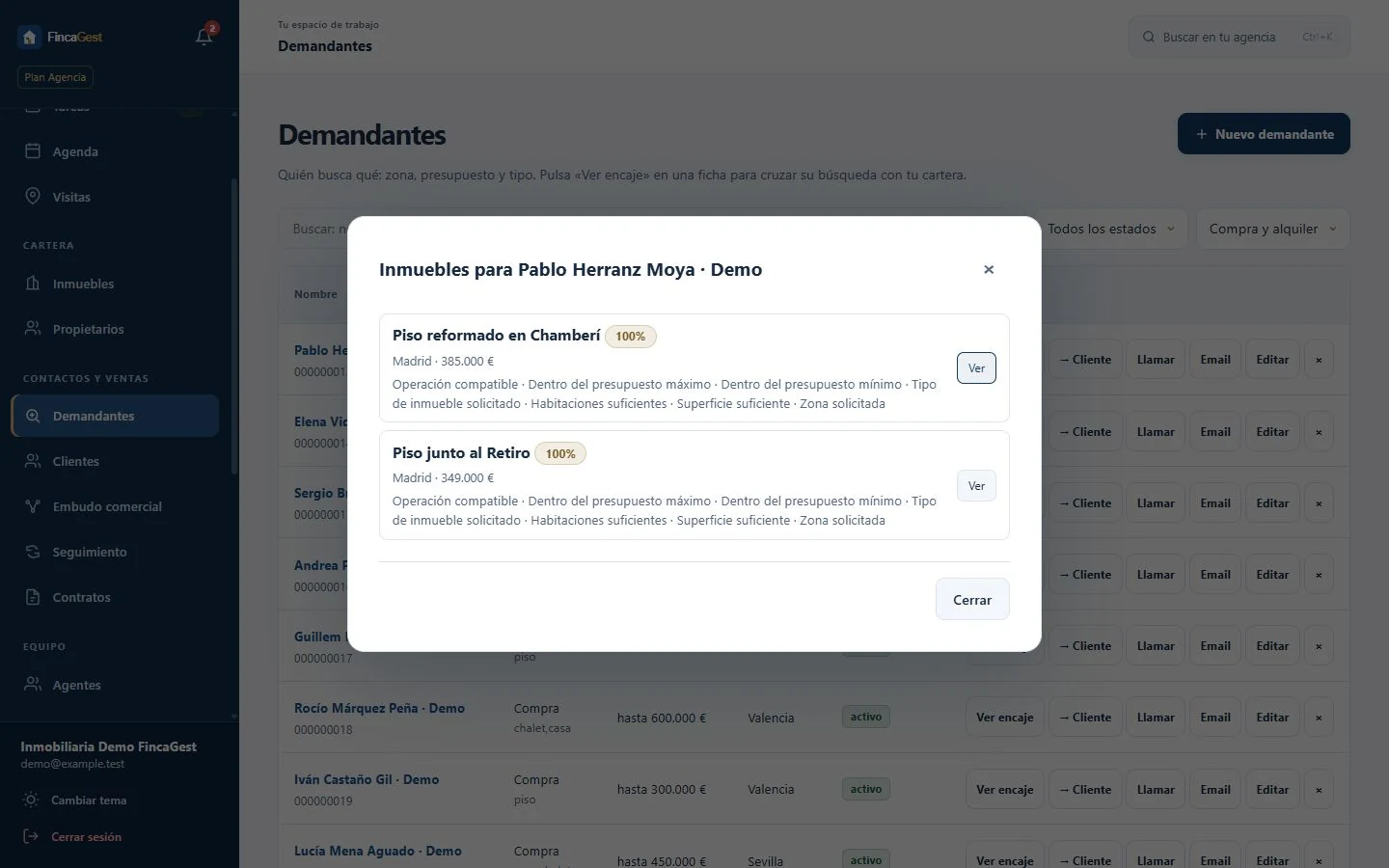 Encajes de inmuebles para un demandante ficticio, con criterios visibles