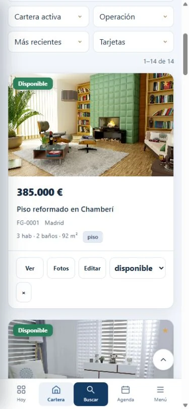 Vista móvil real de la cartera de demostración de FincaGest